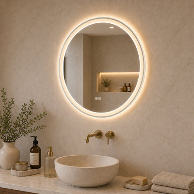 Miroir de salle de bain rond 24 po à DEL sans cadre avec antibrouillard, contrôle tactile et éclairage 3 couleurs à intensité variable