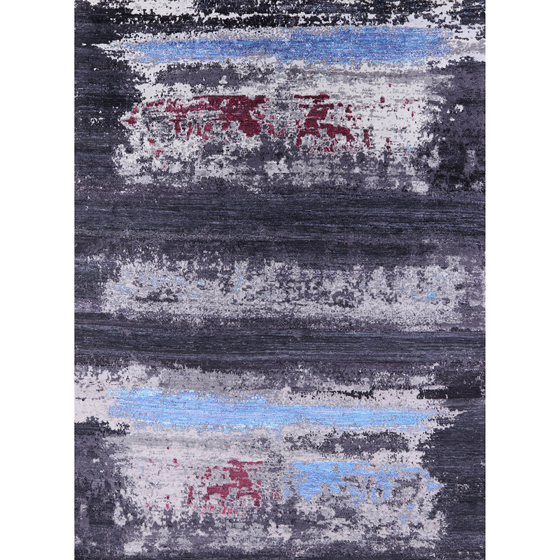 Tapis abstrait gris / rouge / bleu Buncombe, Rond 6 pi