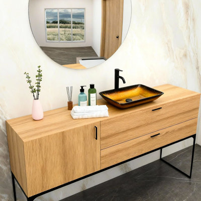 Bathroom Vessel Sink, Amber Gold Gradient, Tempered Glass, Square Bowl, Pop - Up Drain, Smooth Surface Design, Hygienic Solution