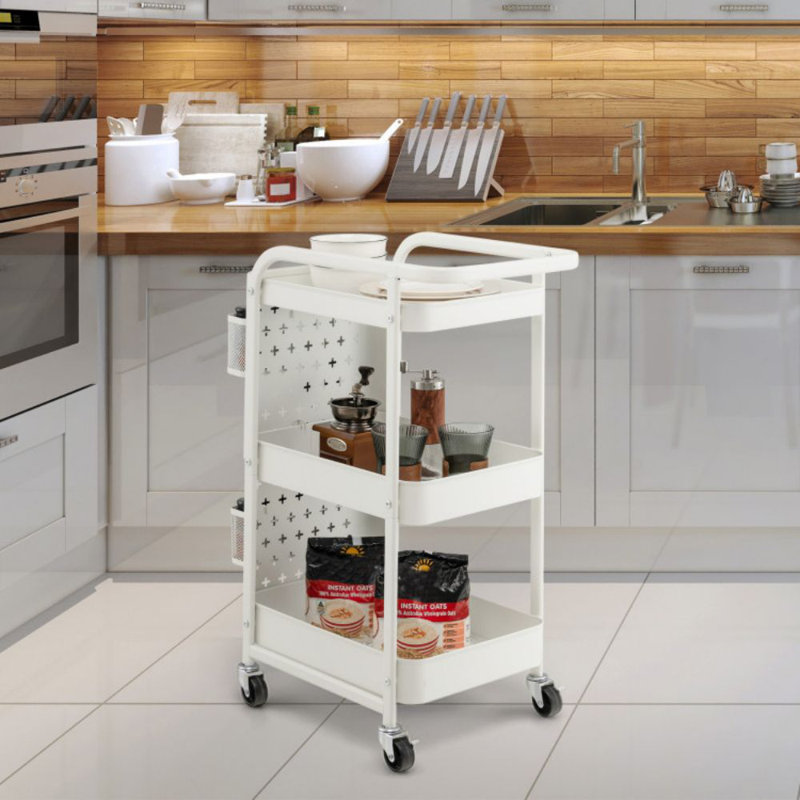 White Powder-Coated Carbon Steel 3-Tier Utility Storage Cart with Pegboard Baskets