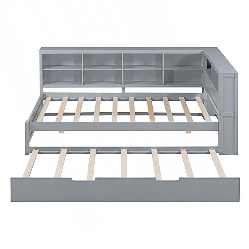 Modern Style Twin Size Day Bed With Twin Size Trundle, Daybed With Storage Shelf And USB Charging Ports, Gray, Twin