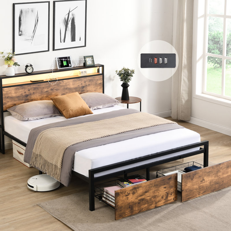 Queen Bed Frame With , 2 Tier Storage, Strong Metal Support, Box Spring , Convenient Platform Size, Led Headboard, Drawers, Silent Environment