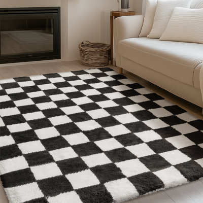 Celi Modern Checkered Shag Area Rug With Non-Slip Backing