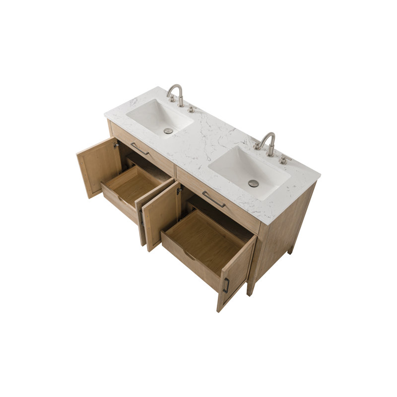 Meuble-lavabo double 60 po avec plateau en pierre d'ingénierie Sebastiano, Sable côtier / nickel antique