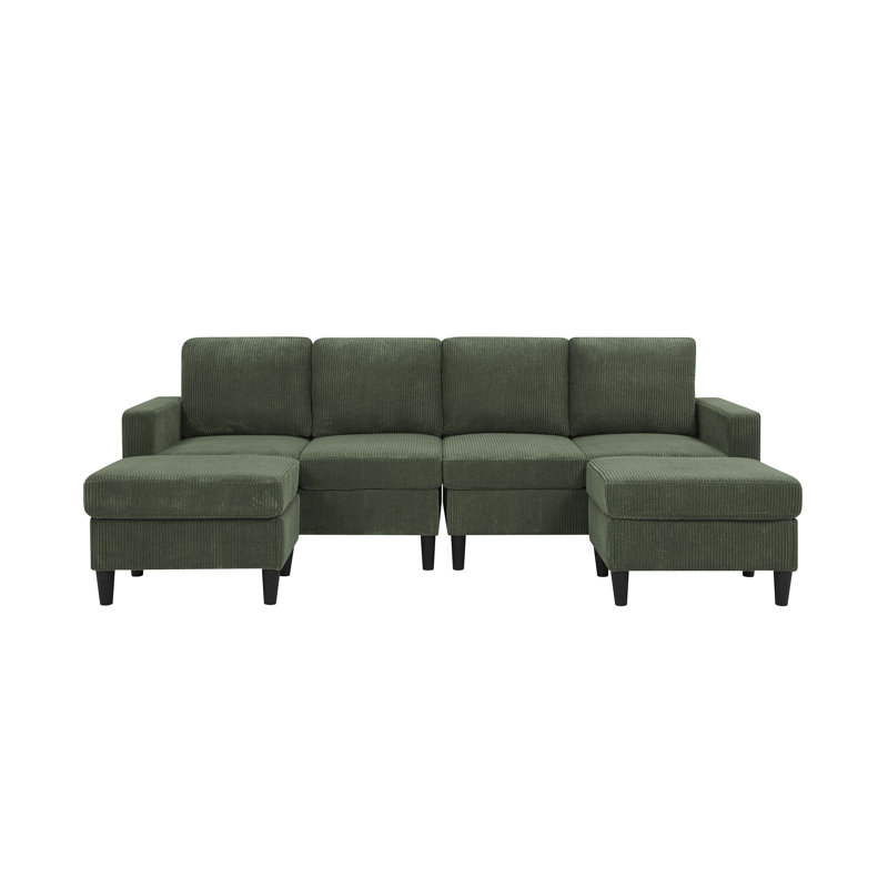 Cordory Upholstered Modular Sectional With 2 Ottomans, Dark Green Corduroy