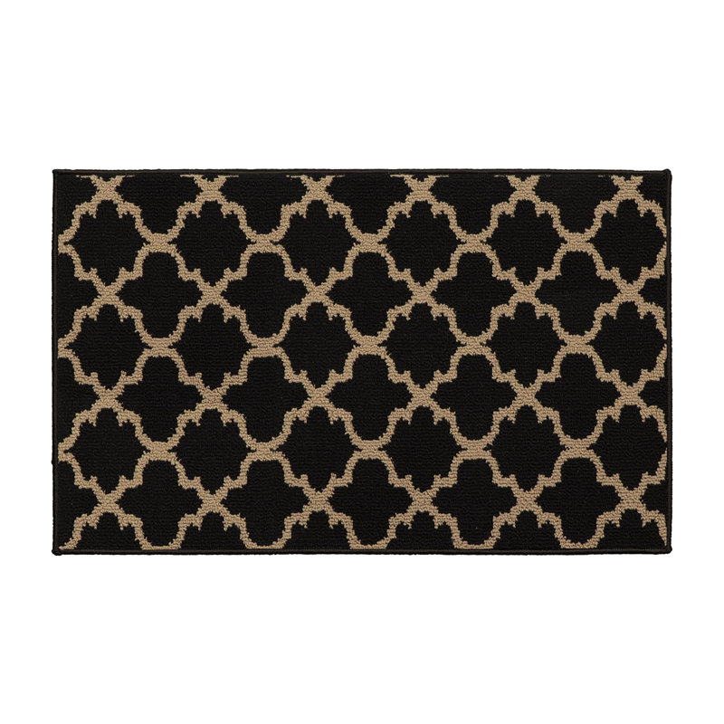 Multi-Size Wool-Effect Classic Arabesque Kitchen Runner Mat, Low-Profile, Stain-Resistant, Non-Slip, Black/Tan