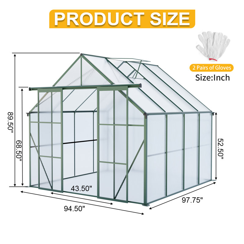 Double Door Polycarbonate Greenhouse Raised Base And Anchor Aluminum Heavy Duty Walk-In Greenhouses, Green