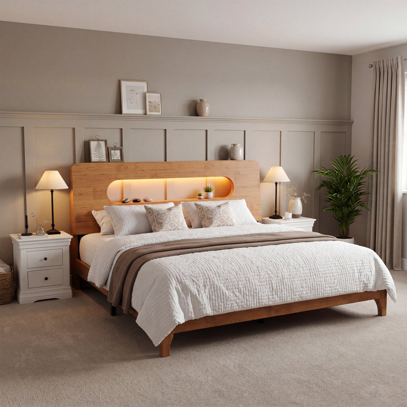 Lit plateforme en bois massif avec tête de lit à rangement DEL et USB – Grand/Très grand/Très grand, Naturel/Marron, Brown