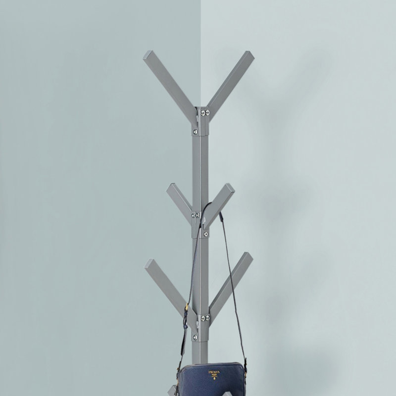 Modern Grey Metal Hall Tree With 8 Hooks, Free Standing For Entryway And Bedroom Storage, Contemporary Design, Silver