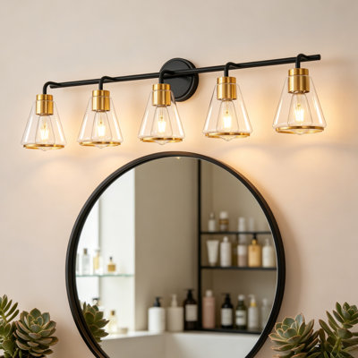 5-Light Black Gold Modern Vanity Light - Dimmable Bathroom Fixture With Cone Glass Shades