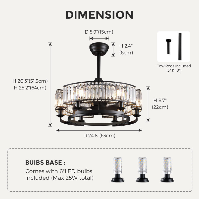 Ventilateur de plafond en cristal 24,8 po avec lustre suspendu rétro pour salle à manger de ferme noir
