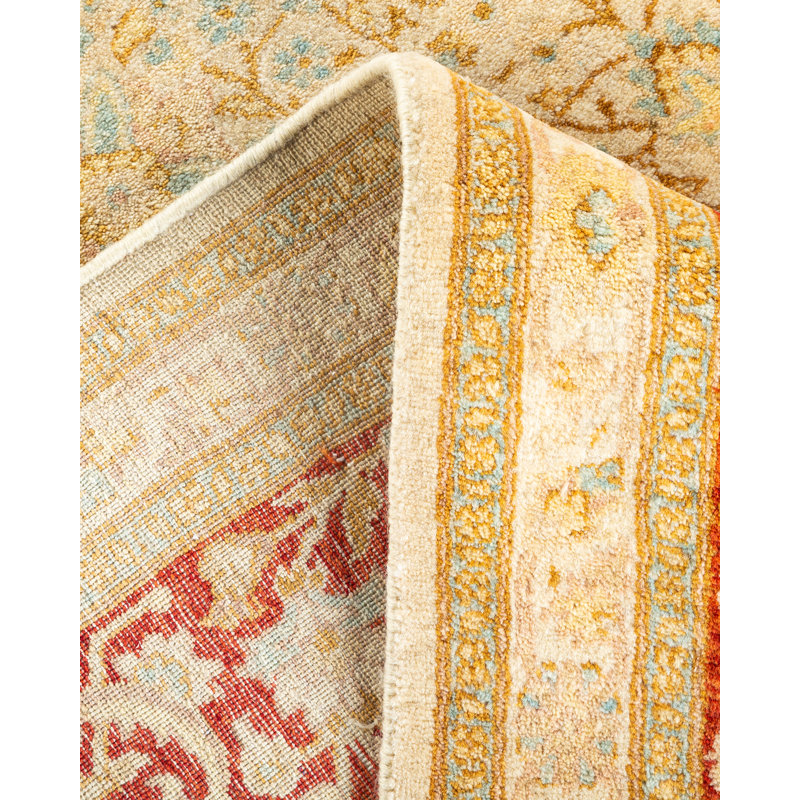 Tapis unique ivoire / rouge / bleu noué à la main 6 pi 1 po x 9 pi 3 po Vearl