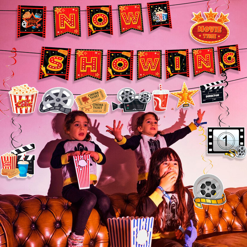 Movie Night Party Swirl Banner, 8pcs Movie Night Birthday Party Decorations Set