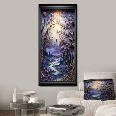 «Mauve Winter River Landscape Collage I», art mural paysage d'hiver