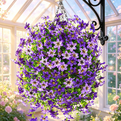 Artificial Hanging Flowers Baskets For Outdoors, 3 Bundles Fake Silk Plants In Planter, UV Resistant Faux Flowers For Porch Patio Balcony Garden Yard Home Decor