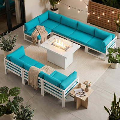 Anevaeh 8-Person Outdoor Patio All-Aluminum Sectional Conversation Set with Fire Pit Table and Cushions