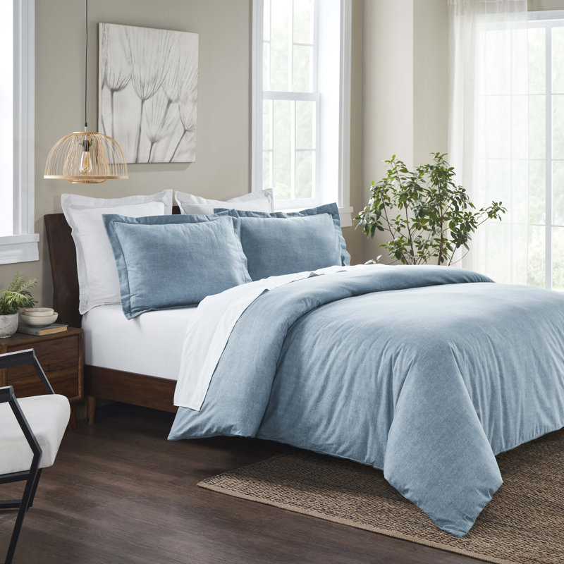 Twin Blue Flannel Cotton Duvet Cover Set with Pillow Sham