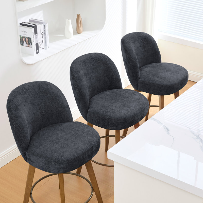 26" Mid-Century Modern Counter Height Bar Stools, 360° Swivel Fabric Upholstered Barstools with Solid Wood Legs, Island Chairs with Backrest