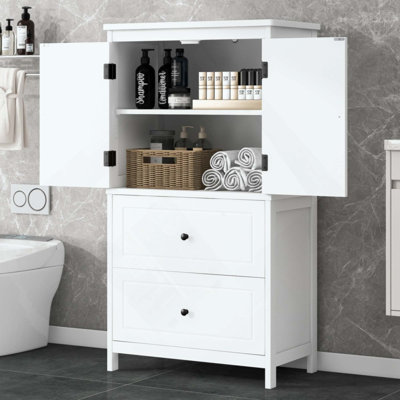 Armoire de rangement pour salle de bain, armoire avec deux portes et tiroirs, tablette réglable, panneau de fibres à densité moyenne