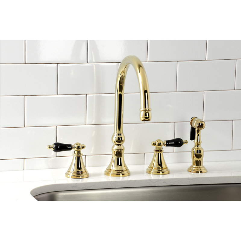 Kingston Brass Duchess Double-Handle 4-Hole Widespread Kitchen Faucet with Brass Sprayer, Polished Brass