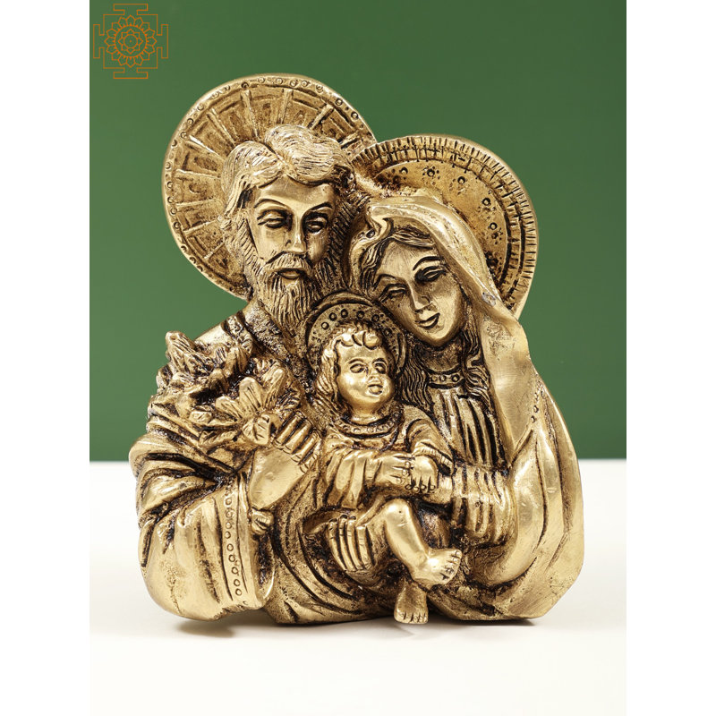 Petite statue en laiton de 4 po de Joseph et de la Vierge Marie avec l'enfant Jésus - Figurine religieuse fabriquée à la main pour un décor de maison chrétienne