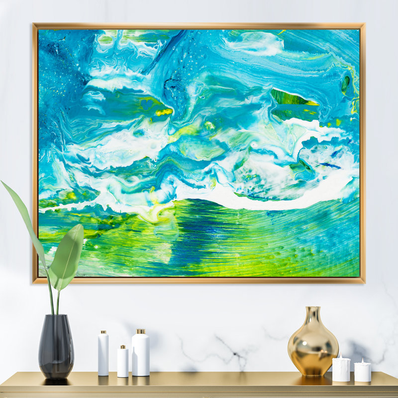 Encre bleue et verte abstraite - peinture sur toile, H 34 po x l 44 po, Cadre flottant doré