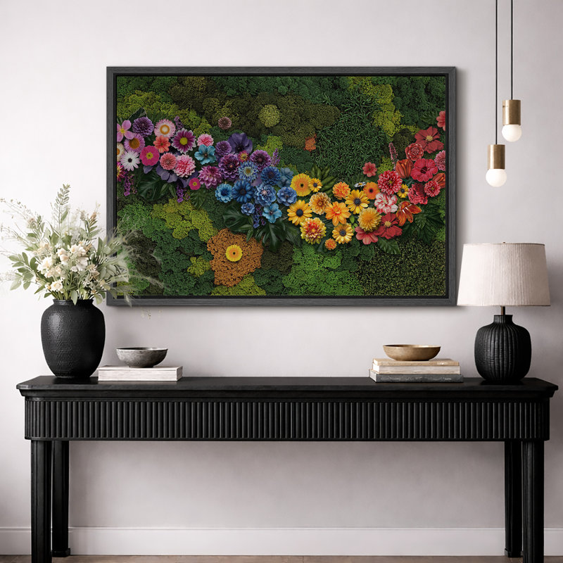 «Green Colorful Colorful Daisy Flowers Modern Unique Floral Botanical», reproduction d'art sur toile encadrée, Cadre flottant