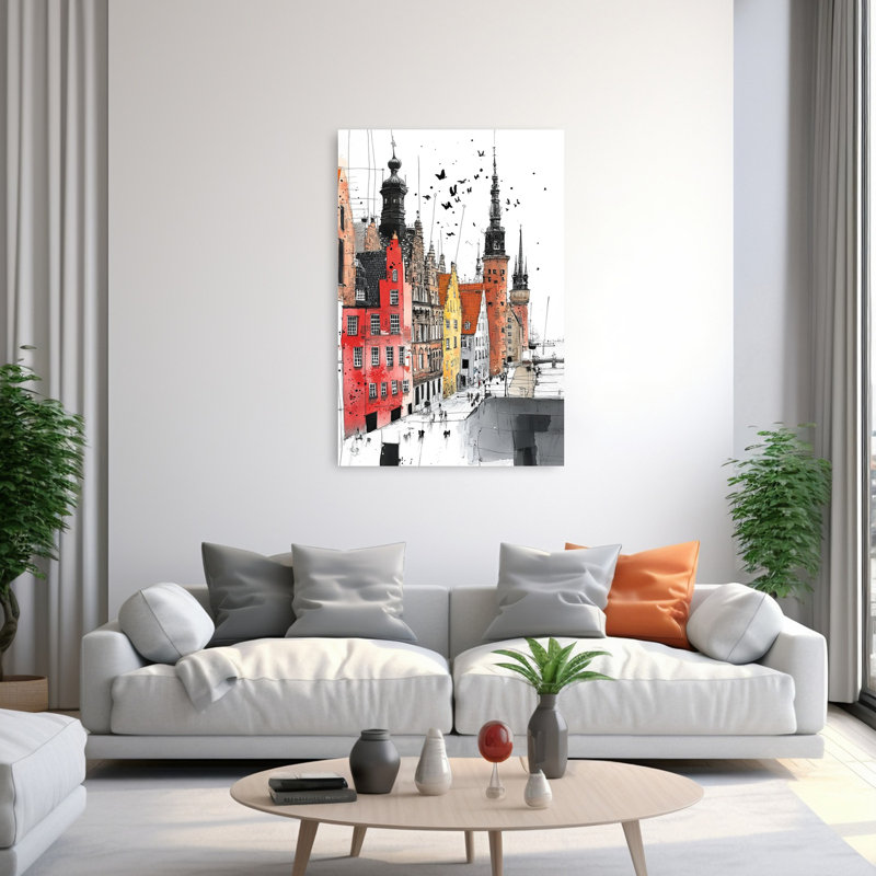 Vibrant Old Town Street Colorful Vibrant Abstract Bird Architecture City Wall Art Print 1 Piece Wrapped Canvas Wall Art