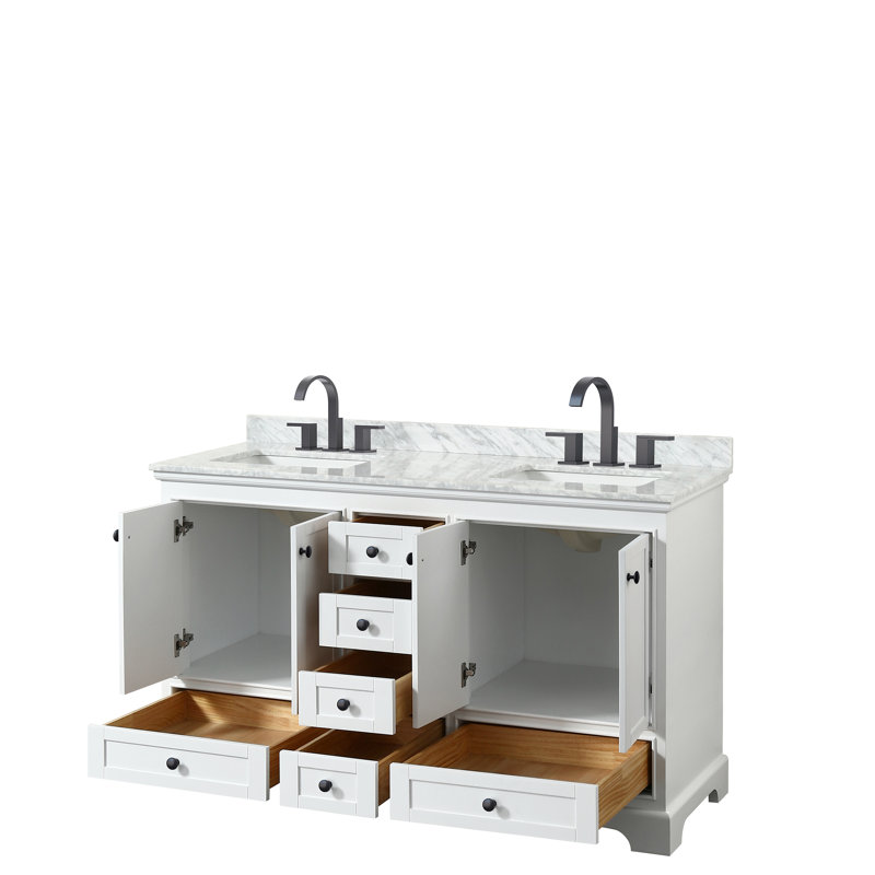 Deborah 60" White and Gold Double Bathroom Vanity with Marble Top