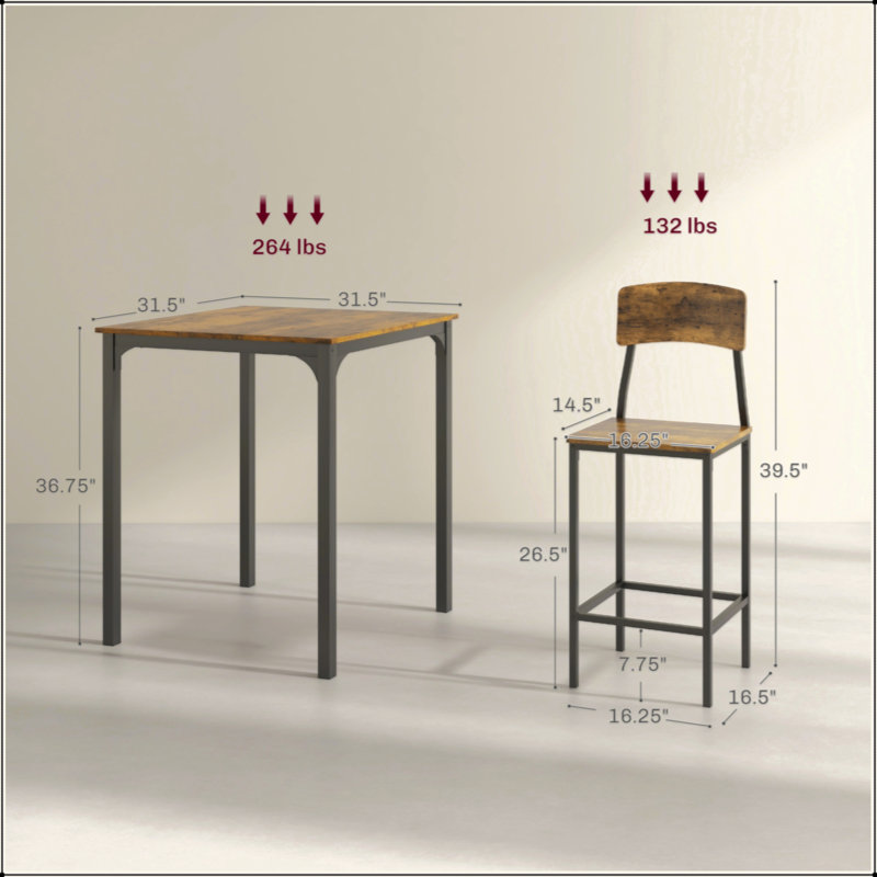 Ensemble de salle à manger 3 pièces à hauteur de comptoir industriel pour 2 - Petite table carrée et tabourets avec structure en acier