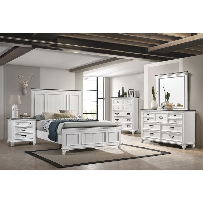 Ensemble de chambre à coucher en bois 5 pièces avec lit à panneau, commode, miroir, commode et commode Clelane, Grand lit