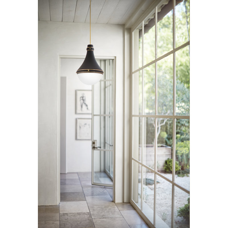 Oliver Adjustable Pendant Light w/ Etched Opal Glass, Black, 21.25" H x 14.25" W x 14.25" D