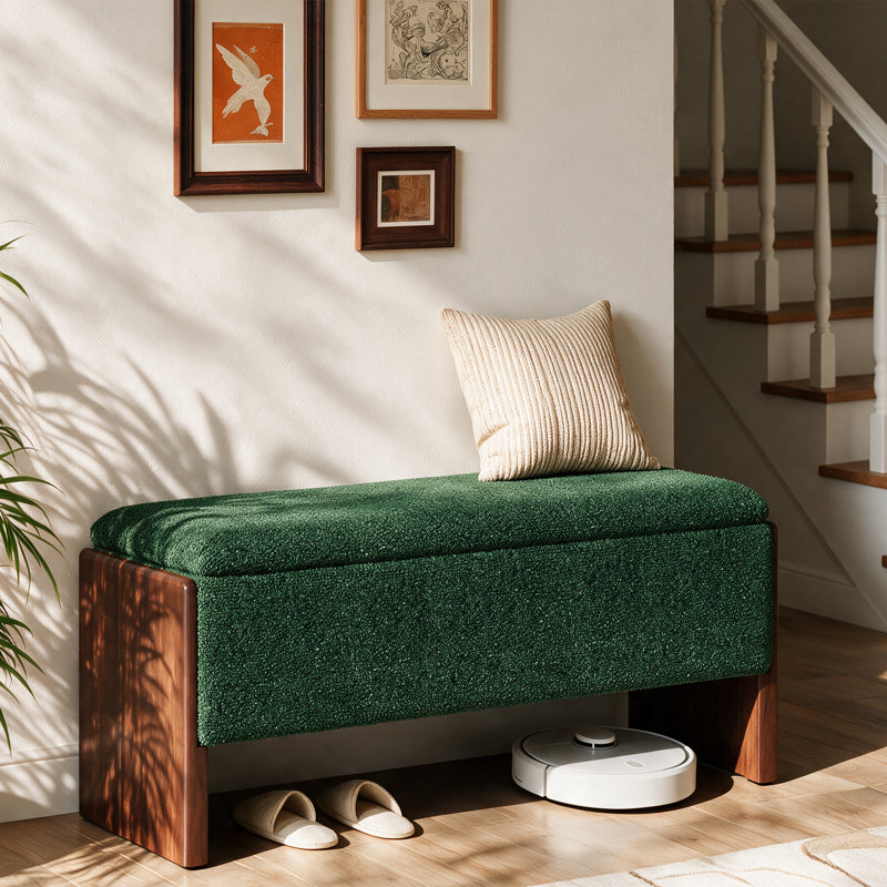 Banc de rangement rembourré bouclé de 42,5 pouces avec pieds en bois massif, Vert