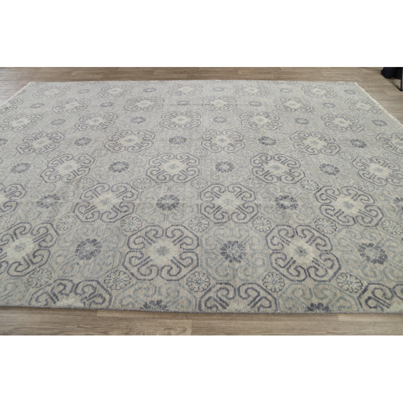 Tapis gris en laine noué à la main de conception unique 9 pi x 12 pi New Age
