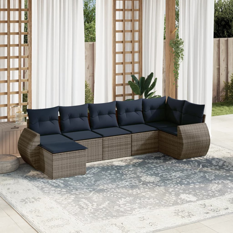 Ensemble de canapé de patio 8 pièces avec coussins en rotin de polyester brun, Coussin bleu marine / structure grise