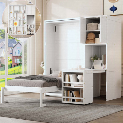 Teal Twin Size Rotating Murphy Bed With Bookshelf, Top Cabinet, Extendable Desk & Side Storage
