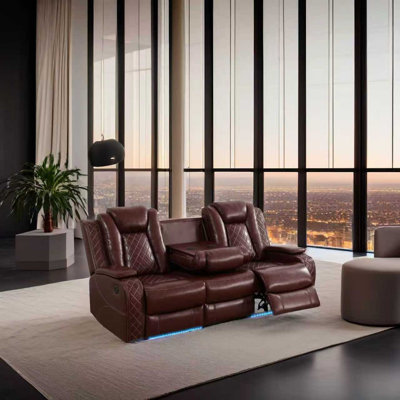 Armira 83.5'' Faux Rad Brown Breathing Leather Living Room Recliner Sofa