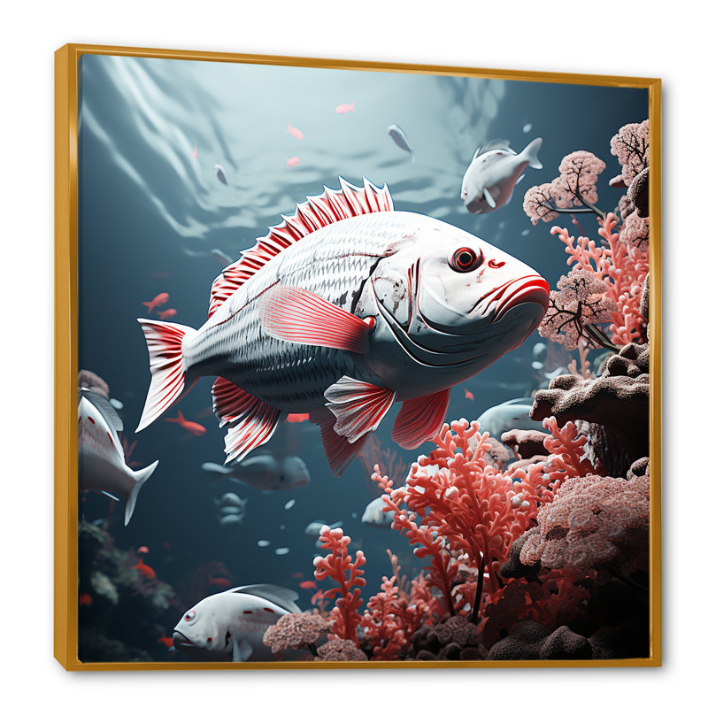 Danse de poissons monochrome rose et gris, Cadre flottant doré, H 30 po x l 30 po x P 1 po