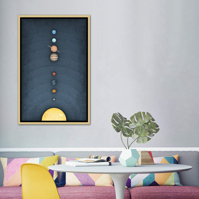 Système solaire II, art encadré, H 60 po x l 40po x P 1,5 po, Toile encadrée d'or