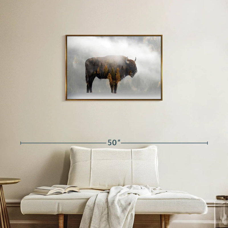 Bison de la forêt de pins, Cadre flottant doré, 31 po x 21 po