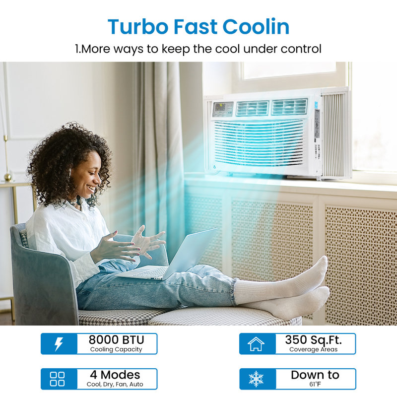 Climatiseur de fenêtre, 2 vitesses de ventilateur, redémarrage automatique, blanc