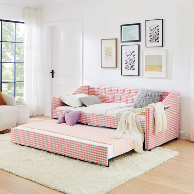 Lit de jour avec lit gigogne et rangement latéral, lit rembourré avec dossier capitonné, cadre de lit pour chambre d'amis, maison, chambre à coucher