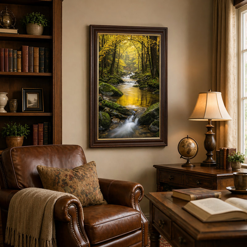 Art mural antique sur toile encadré doré pour le salon, la chambre à coucher, le bureau ou le vestibule - Décoration murale décorative avec ruisseau de forêt