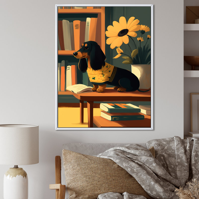 Adorable teckel avec un chandail jaune sur une chaise sur toile, H 44 po x l 34 po, Cadre flottant blanc