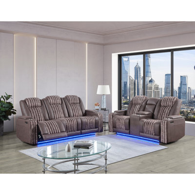 Brown Power Reclining loveseat with Power Headrest, LED and Bluetooth Speaker