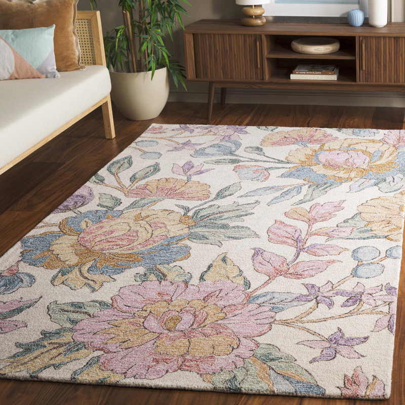 Jardin Handtufted Wool Cotton Floral Rug in Ivory/Pink, Rectangle 4" x 6"