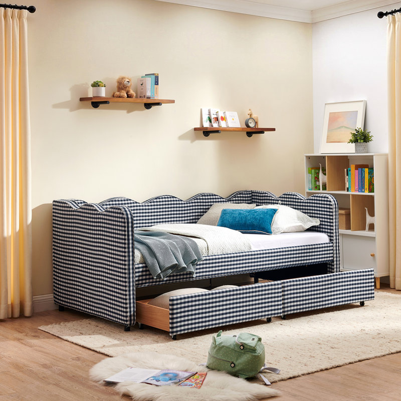 Twin Size Cozy Gingham Daybed With Two Storage Drawers, With USB Port And Adorable Wave Shaped, Linen Fabric, Twin, Navy