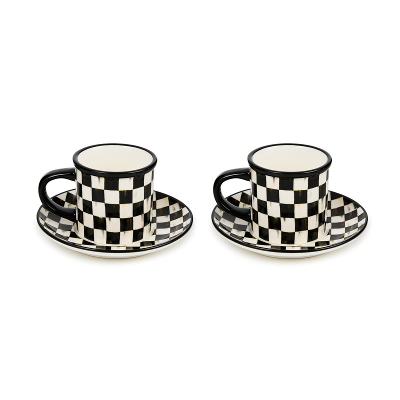 Sterling Check Stoneware Espresso Cup and Saucer, Set of 2, Black/White