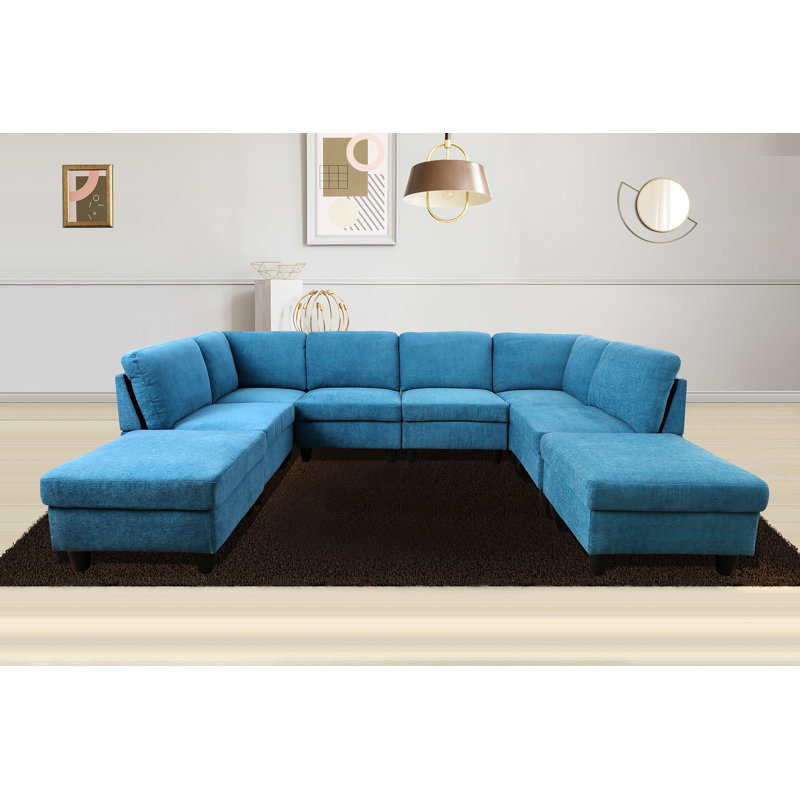 Canapé modulaire de coin avec repose-pieds de 118 po Joyate, Bleu denim