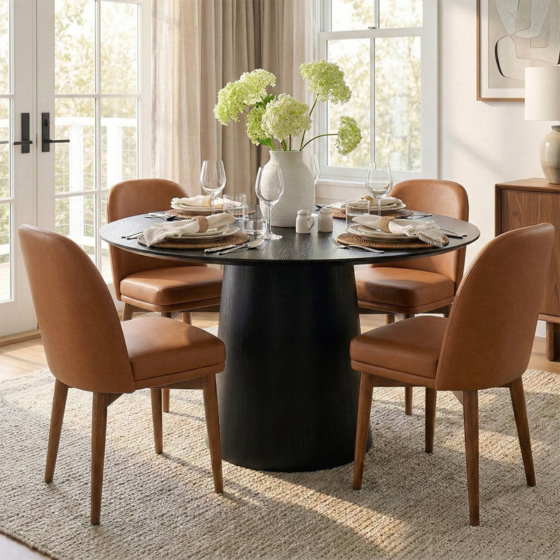 5-Piece Round Dining Table Set For 4, Brown Faux Leather